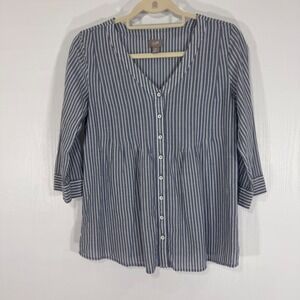 J.Jill Blue Striped Button Down 3/4‎ Sleeve Cotton Top Blouse Size XS Petite